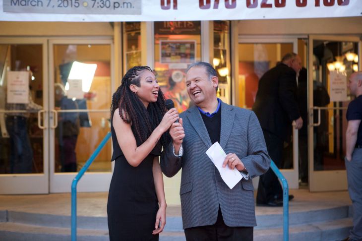 Emcee Fred Espinosa interviews actress Dalisa Contreras before the Las Cruces premiere.